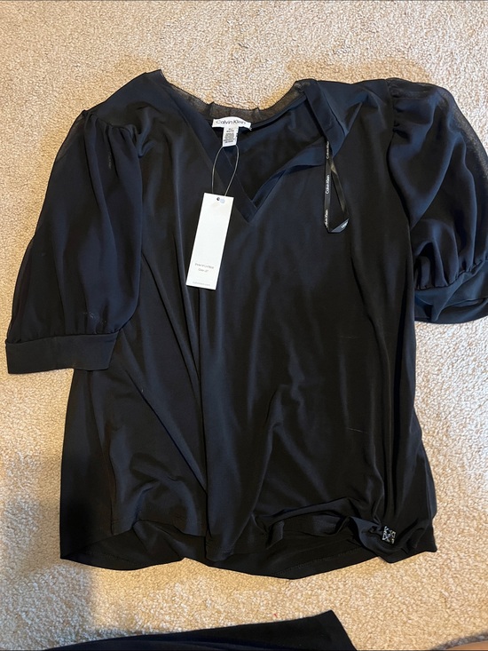 Calvin Klein Tops - Calvin Klein Black Puff Sleeve V-Neck Blouse